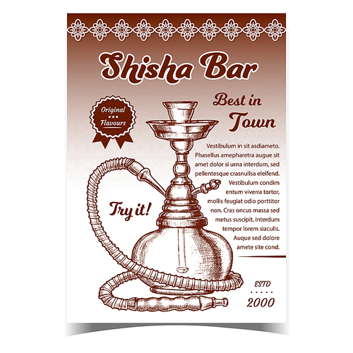 Shisha Relaxation Bar Advertising Banner Vector. Standing Arabian Traditional Smoking Cultural Shisha. Oriental Relax Aroma Turkish Hookah Equipment Monochrome Hand Drawn Illustration