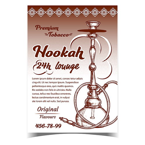 Hookah Lounge With Original Flavours Banner Vector. Arabia Oriental Relaxation Smoking Aroma Flavored Tobacco Or Cannabis Equipment Hookah. Monochrome Hand Drawn In Vintage Style Illustration