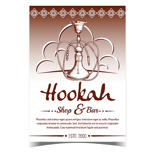 Hookah Shop And Bar Advertising Poster Vector. Standing Arabian Traditional Smoking Cultural Glass Hookah With Two Tubes. Oriental Relaxation Aroma Tobacco Tool Monochrome Hand Drawn Illustration