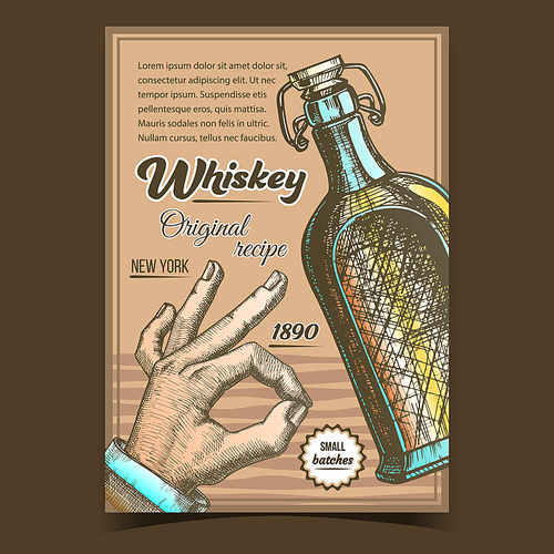 Whiskey Original Recipe Advertising Poster Vector. Blank Whiskey Bottle With Flip Cap And Man Hand Gesture Ok. Retro Bottle Of Aged Alcoholic Beverage. Glass Container Colorful Template Illustration