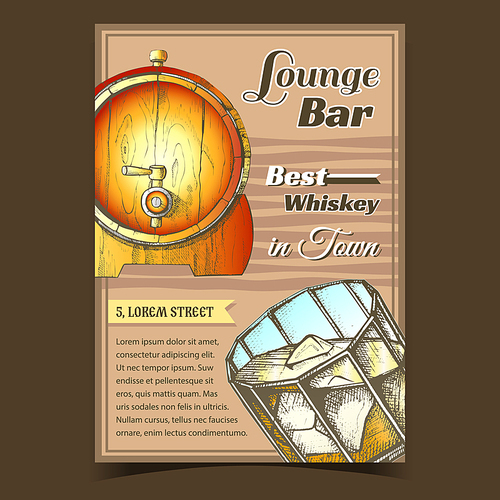 Whiskey Lounge Bar Best In Town Poster Vector. Glass With Bourbon Whiskey And Ice Cubes And Wooden Barrel On Advertising Banner. Glassware With Strong Alcoholic Drink Mockup Color Illustration