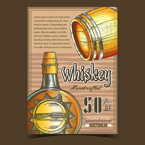 Handcrafted Whiskey Advertising Banner Vector. Circle Whiskey Bottle With Stylish Cork Cap And Wooden Barrel. Alcoholic England Beverage Modern Flask With Blank Label in Sun Form Color Illustration