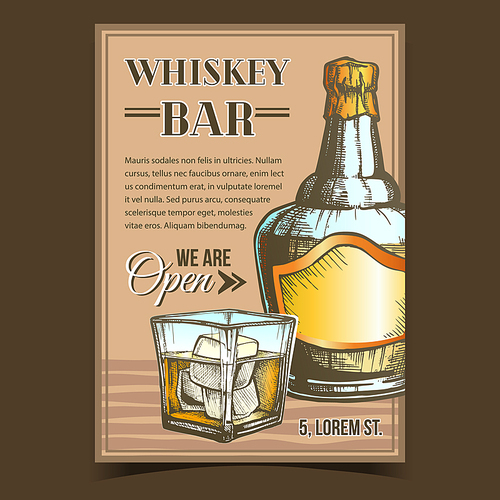 Whiskey Bar Creative Advertising Poster Vector. Blown Scotch Whiskey Bottle With Foil Cap And Glass With Alcoholic Drink And Cold Ice Cubes. England Beverage Container With Blank Label Illustration