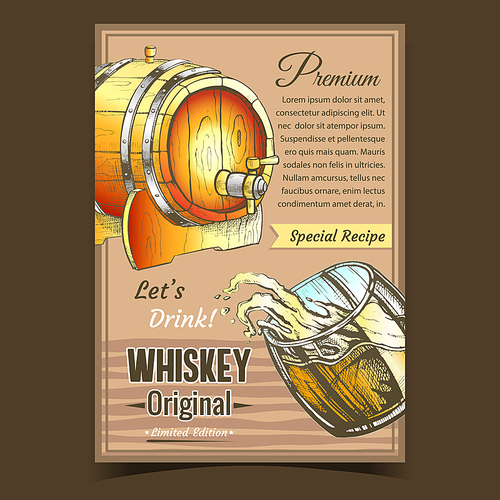 Original Whiskey Special Recipe Banner Vector. Design Smooth Glass With Whiskey Splash Wave And Drop, Wooden Barrel With Faucet. Full Glassware With Clean Alcoholic Drink Colorful Illustration