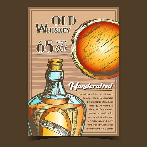 Handcrafted Old Whiskey Advertising Banner Vector. Blown Scotch Bottle With Style Cork Cap And Blank Label Of Traditional Alcoholic Beverage And Ancient Wooden Barrel. Colored Illustration