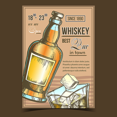 Whiskey Relaxation Bar Advertise Poster Vector. Vintage Whiskey Bottle With Blank Label Of Alcoholic Froth Irish Drink And Glass Cap With Liquid And Ice Cubes. Template Colorful Illustration