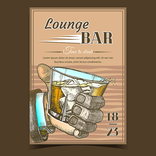 Lounge Alcoholic Bar Advertising Banner Vector. Man Hand Holding Glass With Alcoholic Drink And Ice Cubes. Cold Irish Booze Distilled And Aging Whiskey. Mug With Alcohol Template Color Illustration