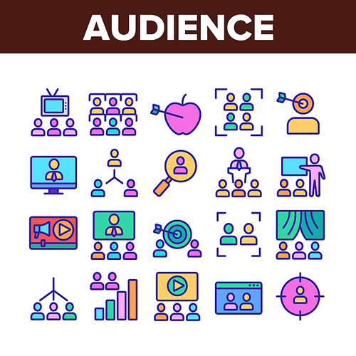 Audience Social Group Collection Icons Set Vector Thin Line. Human On Computer Screen And Magnifier, Video Player And Web Site Audience Concept Linear Pictograms. Color Contour Illustrations