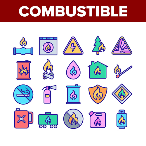 Combustible Products Collection Icons Set Vector Thin Line. Burning Gaz From Pipe, Flame On Mark And Shield, Warning Combustible Things Concept Linear Pictograms. Color Contour Illustrations