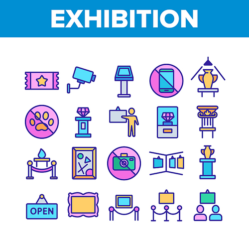 Exhibition And Museum Collection Icons Set Vector Thin Line. Ticket And Picture On Exhibition, Security Video Camera And Diamond On Pedestal Concept Linear Pictograms. Color Contour Illustrations