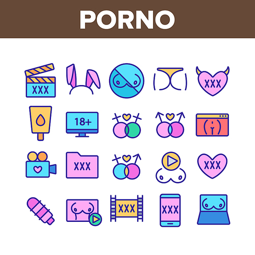 Porno Film Industry Collection Icons Set Vector Thin Line. Porno Web Site And Folder Xxx, Boobs On Laptop Screen And Bunny Ears Concept Linear Pictograms. Color Contour Illustrations