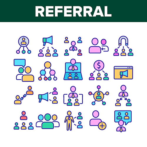 Referral Marketing Collection Icons Set Vector Thin Line. Internet And Communication Friend Recommendation, Referral Link And Dollar Coin Concept Linear Pictograms. Color Contour Illustrations