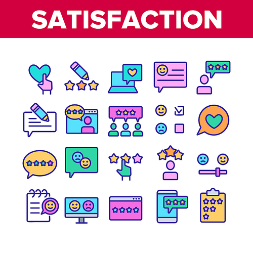 Satisfaction Feedback Collection Icons Set Vector Thin Line. Happy And Unhappy Smiles On Computer Screen, Web Site Stars Review Satisfaction Concept Linear Pictograms. Color Contour Illustrations