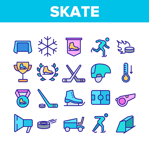 Skate Sport Equipment Collection Icons Set Vector Thin Line. Hockey Player Brassy And Helmet, Brassy And Puck, Skate Ice Rink And Skater Concept Linear Pictograms. Color Contour Illustrations