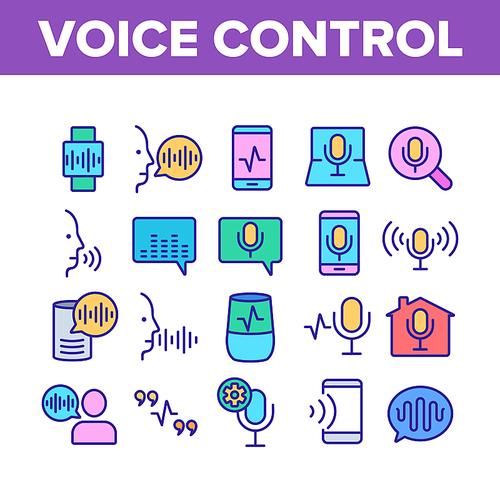 Voice Control Command Collection Icons Set Vector Thin Line. Laptop And Smartphone, Smart Home And Assistant Voice Control Concept Linear Pictograms. Color Contour Illustrations