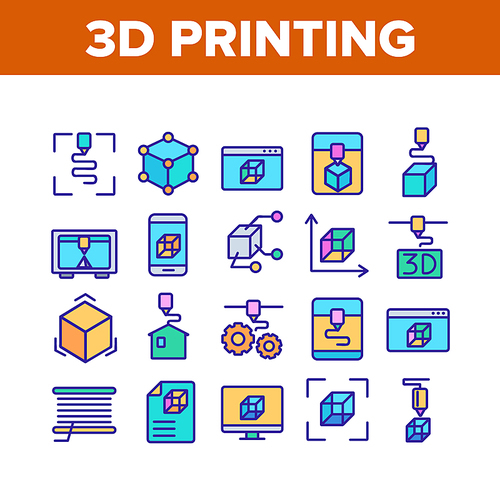 3d Printing Processing Collection Icons Set Vector Thin Line. Printing Cube And House, Engineering Web Site And Gear Mechanism Concept Linear Pictograms. Color Contour Illustrations