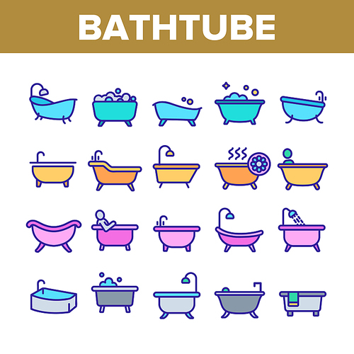Bathtube And Shower Collection Icons Set Vector Thin Line. Bathtube In Different Form, With Human And Full Soap Bubbles, Faucet And Towel Concept Linear Pictograms. Color Contour Illustrations