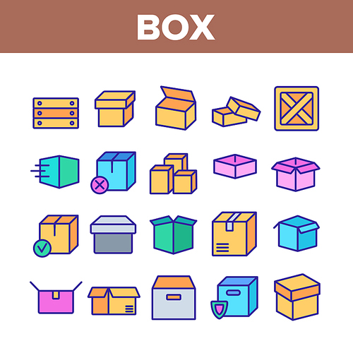 Box Carton Package Collection Icons Set Vector Thin Line. Wooden And Cardboard, Opened And Closed Box, Object For Storage And Delivery Concept Linear Pictograms. Color Contour Illustrations
