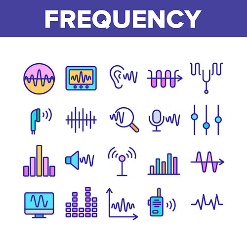 Frequency Pulse Wave Collection Icons Set Vector Thin Line. Microphone And Ear, Radio And Dynamic With Frequency Cardiogram Concept Linear Pictograms. Color Contour Illustrations