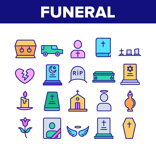 Funeral Burial Ritual Collection Icons Set Vector Thin Line. Funeral Ceremony, Coffin And Bible, Car And Church, Broken Heart And Candle Concept Linear Pictograms. Color Contour Illustrations