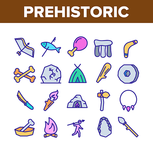 Prehistoric Primitive Collection Icons Set Vector Thin Line. Bone In Bowl And Chicken Leg, Burning Campfire And Cave, Prehistoric Bludgeon Concept Linear Pictograms. Color Contour Illustrations