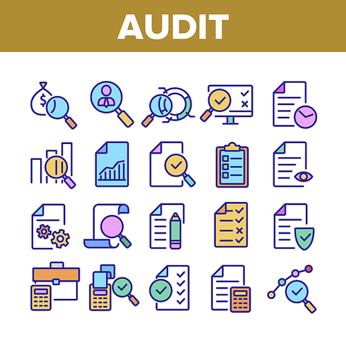 Audit Finance Report Collection Icons Set Vector Thin Line. Financial Audit Document File, Bag With Money, Calculator And Cash Register Concept Linear Pictograms. Monochrome Contour Illustrations
