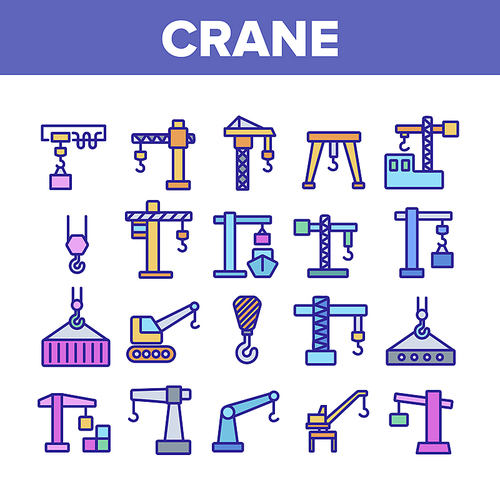 Crane Building Machine Collection Icons Set Vector Thin Line. Port Crane Bulldozer With Container, Construction Equipment Concept Linear Pictograms. Monochrome Contour Illustrations