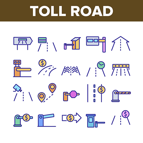 Toll Road Highway Collection Icons Set Vector Thin Line. Toll Expressway With Barrier Gate, Electronic Board And Video Camera Concept Linear Pictograms. Monochrome Contour Illustrations