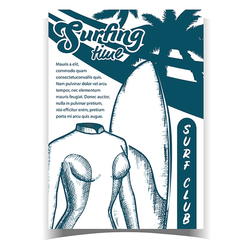 Swimming Suit For Woman And Board Banner Vector. Female Swimming Wetsuit, Surfboard And Palms For Surfing Time. Clothes For Extreme Active Sport On Surf Club Poster Monochrome Illustration