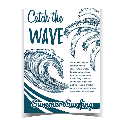 Ocean Wave And Palm Green Leaves Banner Vector. Catch Wave And Summer Surfing Phrases On Beach Surf Club Advertising Poster. Monochrome Illustration