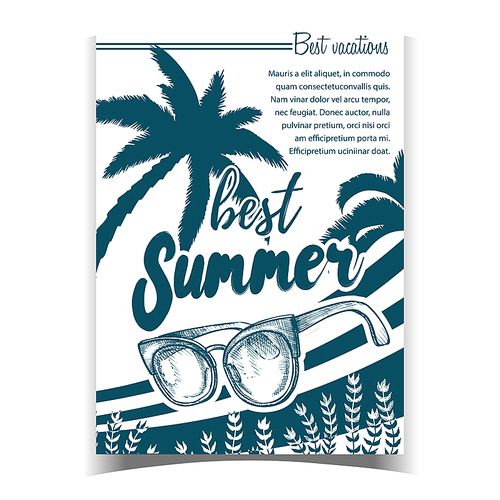 Sunglasses, Seaweed And Palm Leaves Banner Vector. Best Summer Vacation Phrases And Tropical Trees On Beach Resort Advertising Poster. Monochrome Illustration