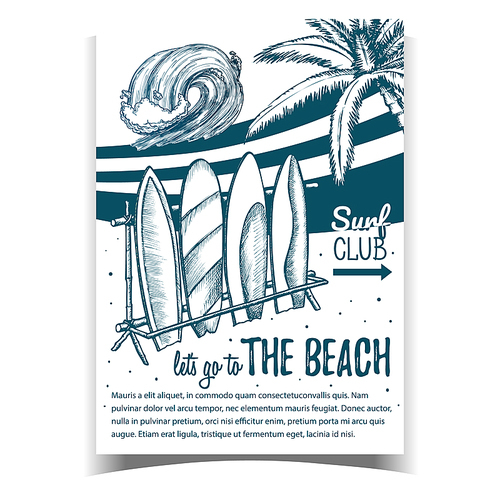Surfboards, Sea Wave And Palm on Poster Vector. Assortment Surfboards In Different Standing And Locked In Storage On Beach Surf Club. Monochrome Illustration