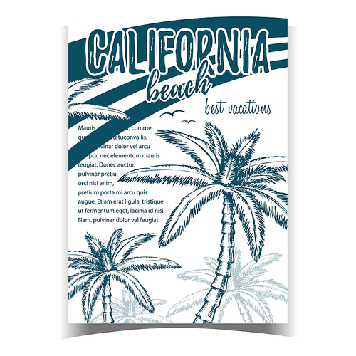 Tropical Palms of California Beach Banner Vector. Best Vacation Phrase And Beautiful Tropic Green Leaves Trees Palms Depicted On Tourism Place Monochrome Illustration