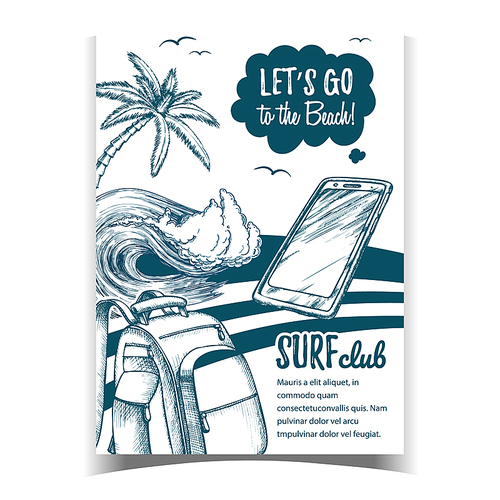 Backpack, Smartphone, Palm And Wave Banner Vector. Mobile Phone, Ocean Wave, Tropical Tree And Birds On Beach Coastline Surf Club Monochrome Illustration