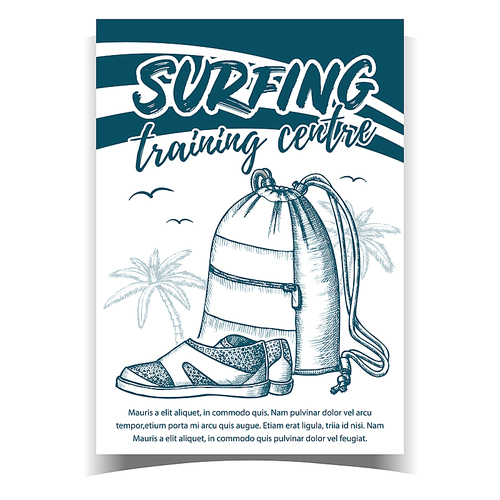 Tourist Bag, Shoes, Palms And Birds Banner Vector. Tropical Tree, Sneakers, Seagulls And Stars On Surfing Training Centre Advertising Poster. Monochrome Illustration