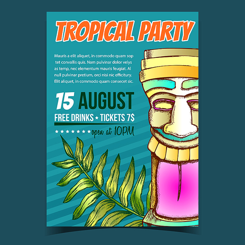 Areca Palm Leaf And Laughing Idol Banner Vector. Floral Chrysalidocarpus Lutescens Arching Frond Green Plant And Funny Idol On Invite Poster To Tropical Party. Designed In Vintage Style Illustration