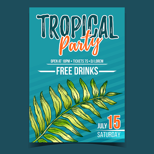 Areca Palm Tropical Exotic Leaf Banner Vector. Houseplant Floral Chrysalidocarpus Lutescens Arching Frond Leaf On Poster To Tropical Party With Free Drinks. Designed In Vintage Style Illustration