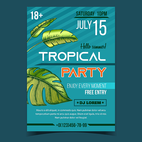 Monstera Tropical Exotic Bush Leaves Banner Vector. Houseplant Floral Frond Leaves On Marketing Poster Invite On Tropical Party. Beautiful Nature Herb Designed In Retro Style Template Illustration
