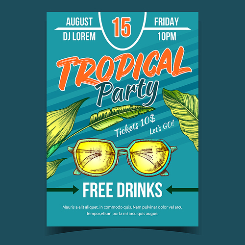 Tropical Tree Leaves And Sunglasses Banner Vector. Floral Green Plant Leaves And Stylish Sun Glasses On Invitation Poster To Disco Dancing Party. Hand Drawn In Vintage Style Illustration