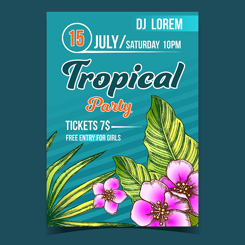 Tropical Exotic Leaves and Flowers Poster Vector. Beautiful Flowering Floral Plantain Frond Leaves Depicted On Musician Tropical Party Banner. Nature Botanical Herbs Drawn In Retro Style Illustration