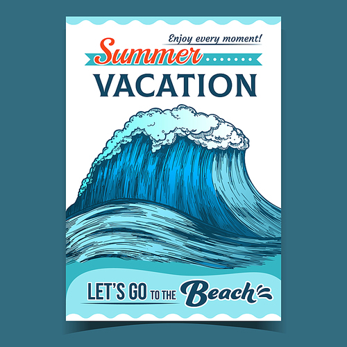 Breaking Pacific Ocean Marine Wave Poster Vector. Enormous Huge Water Wave With Foam Good Place For Extreme Sport Surfing On Advertising Summer Vacation Banner. Nature Aquatic Tsunami Illustration