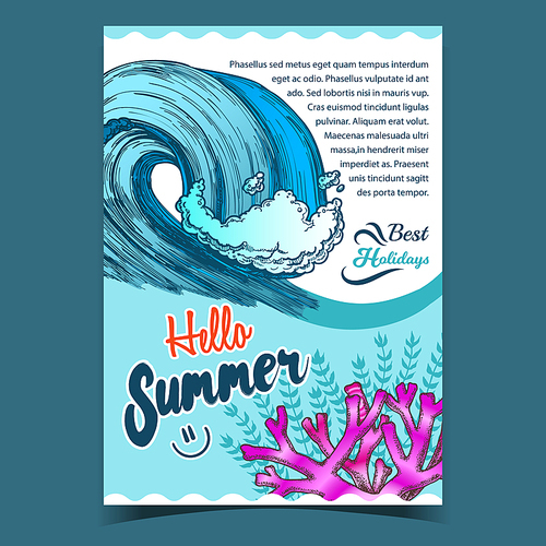 Breaking Pacific Ocean Marine Wave Poster Vector. Enormous Huge Water Wave With Foam Good Place For Extreme Sport Surfing On Advertising Summer Vacation Banner. Nature Aquatic Tsunami Illustration