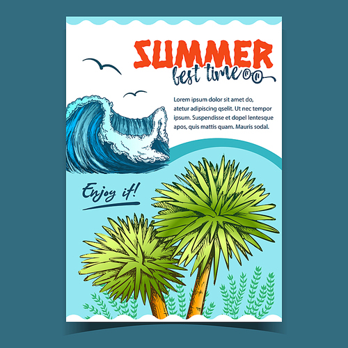 Ocean Wave, Algae Seaweed And Trees Banner Vector. Enormous Huge Water Wave, Seagulls And Green Leaves Plant On Advertising Best Time Summer Vacation Poster. Colorful Template Illustration