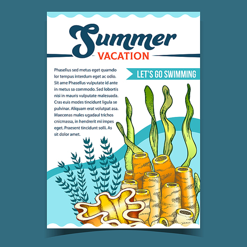Marine Reef Tubes Coral And Seaweeds Banner Vector. Green Leaves Plants Seaweeds On Creative Advertising Summer Vacation Poster. Undersea Flora And Fauna Colorful Template Illustration