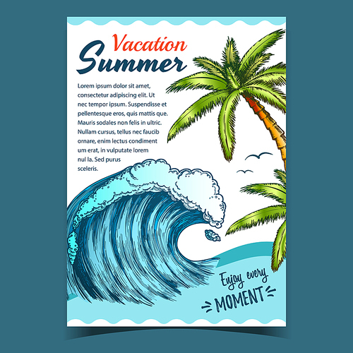 Sea Wave, Seaweed And Palm Trees Banner Vector. Huge Water Wave, Seagulls And Green Leaves Nature Plants On Advertising Summer Holidays Vacation On Beach Poster. Color Template Illustration