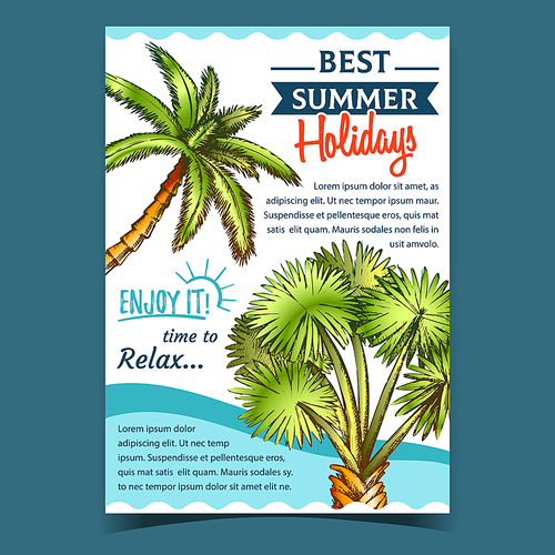 Palm Decorative Trees On Advertising Poster Vector. Natural Tropical Green Leaves Palm Plants Creative Advertise Summer Relax And Enjoy Holidays Banner. Color Template Illustration