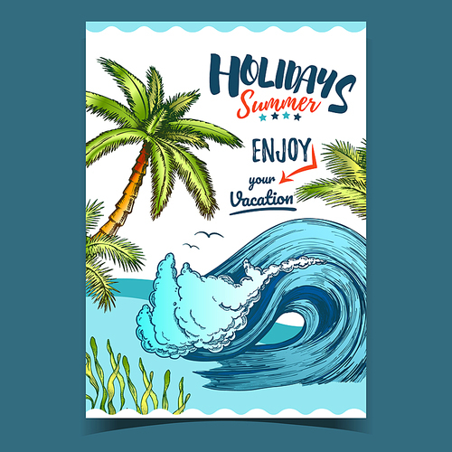 Sea Wave, Seaweed And Palm Trees Banner Vector. Huge Water Wave, Seagulls And Green Leaves Nature Plants On Advertising Summer Holidays Vacation On Beach Poster. Color Template Illustration
