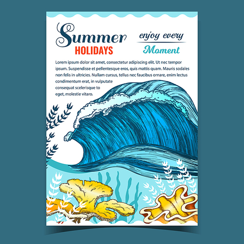Marine Wave And Undersea Plants On Poster Vector. Plants Seaweeds And Decorative Coral On Beautiful Advertise Summer Holidays On Tropical Island Banner. Sea Flora And Fauna Color Flyer Illustration