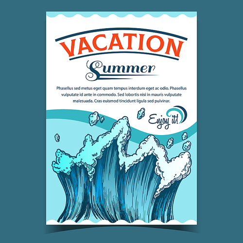 Rushing Tropical Sea Marine Wave Poster Vector. Tall Foamy Purl Wind Storm Tide Surf Wave With Drop And Foam On Advertising Summer Vacation Banner. Motion Nature Aquatic Tsunami Power Illustration