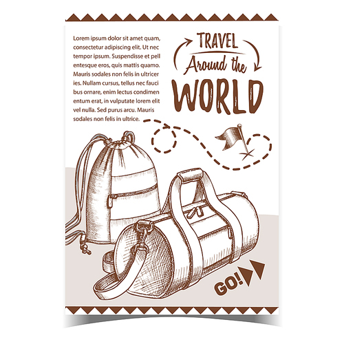 Travel World Advertising Poster With Bags Vector. Modern Luggage And Bags With Ropes For Trip Accessories, Shoes And Clothes. Tourism Sport Equipment Designed In Retro Style Monochrome Illustration